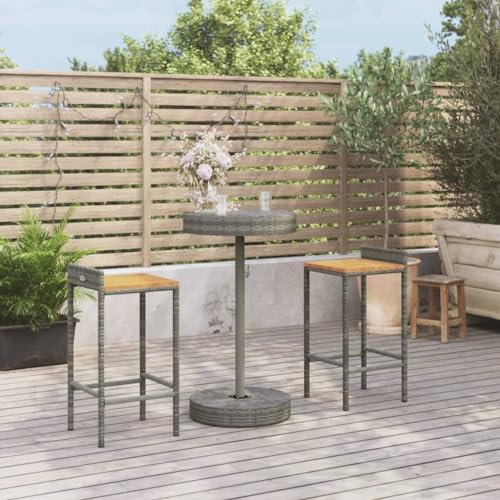 KATERYY 3-TLG. Gartenbar-Set Grau Poly Rattan & Massivholz Akazie,Trendiges BartischSet aus PERattan für Garten, Terrasse und Außenbereiche in Grau