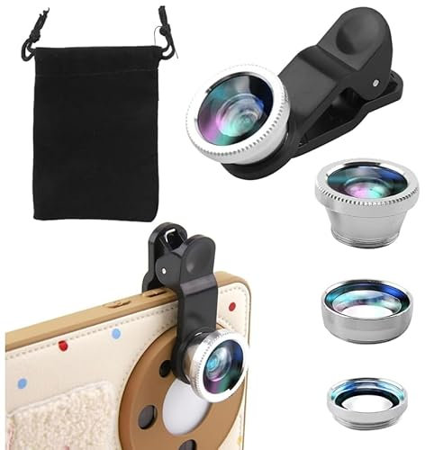 5PCS Set de Objetivo 3en1 para Teléfono Móvil, Lente Smartphones Móvil Clip-On Adaptador de Cámara con 1 Bolsa para Mayoría de Teléfonos Móviles (Objetivo Ojo de pez + Amplio + Lente Macro) (Plateado)