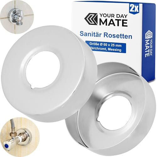 Brass Rosette DN20, 2 Pieces, Size Ø 60 x 25 mm, Chrome-Plated, for Pipe Cover, Cover Rosette, Pipe Collar, Siphon, tap Cover, Pipe Section, Radiator, Push-on Rosette, Sanitary Accessories