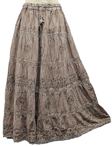 Doorwaytofashion Womens Cotton Maxi Skirt Bohemian Embroidered Fully Lined Adjustable Elasticated Waist Sandstone