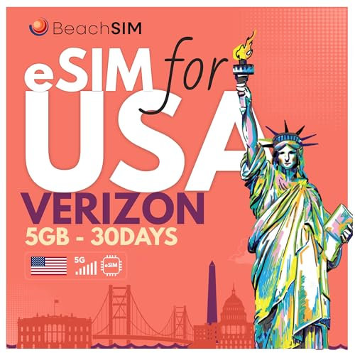 BeachSIM eSIM USA 30 giorni. 5 GB di Dati Solo a Velocità 4G/5G. Attivazione Rapida. Facile da Ricaricare. Funziona Su dispositivi iOS e Android