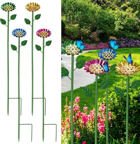 PATNFR 4Pack Metal Bee Watering Station Adjustable Iron Stakes with Anti-Drowning Landing Pads Rust-Proof Flower Shaped Butterfly Watering Station for Garden Outdoor Courtyard Decorations