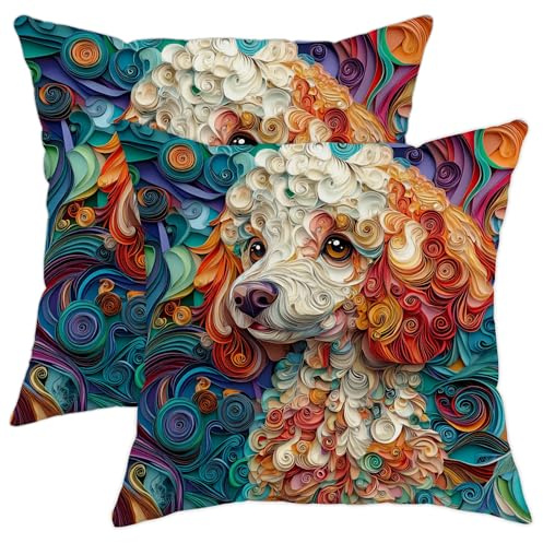 Paper Quilling Poodle Throw Pillow Covers 18x18 Set of 2, Soft Comfy Fun Dog Pet Pillow Cases Kit, Puppy Pattern Velvet Decorative Couch Sofa Living Room
