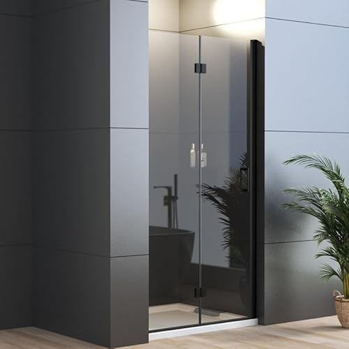 WDWRITTI Nischentür Falttür 100cm Dusche in Nische, Glas Duschabtrennung Schwarz Nische Duschtrennwand, Duschkabine aus 6mm Sicherheitsglas mit Nano beschichtung, Faltbar Duschwand Höhe 195cm