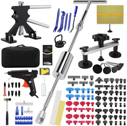 PDR TOOLS Car Dent Puller Kit, Paintless Dent Repair Tools for Hail Damage, Stone Dents, Dent Removal Kit with Gold Dent Puller Lifter, Bridge Puller, Slide Hammer T-Bar, PDR Body Repair Set