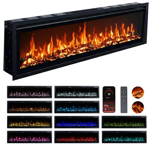 Valine Fires Recessed Electric Freestanding Fireplace UltraSlim Heater 50/127cm, Wall-Mounted Fireplace for Media Wall, Electric Fire with 15 LED Flame Colours, Remote Control & Real Logs, 900W/1800W