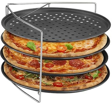 Relaxdays Teglie Forate per Pizza Rotonde, Set da 4, Acciaio Carbonio Antiaderente, Supporto Inox da Forno, Impilabile