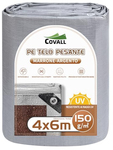 COVALL Telone 150g/㎡, misura pescato 4×6m, copertura per telo impermeabile resistente con occhielli rinforzati, telo resistente ai raggi UV, (Argento/Marrone)