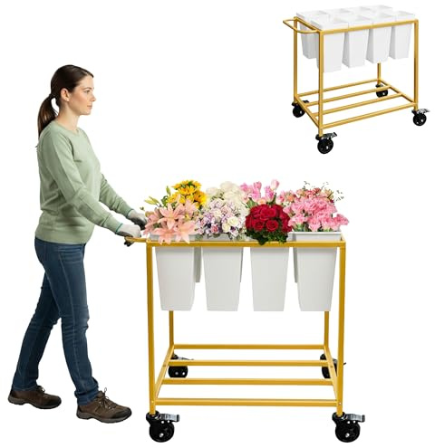 Verssure Flower Cart with 8 Buckets,Flower Cart Display Stand with Wheels,Bloom Bar,Flowers Stand for Wedding ,Party and Home Decor,Gold