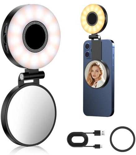 Lepealu Magnetic Selfie Light, 800mAh Selfie Ring Light 360°Rotation with Mirror and 3 Light Modes, CRI95+ Phone Ring Light for Makeup Photography Recording Video Conference