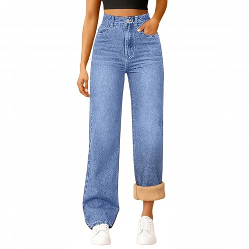 Jean pour femme avec doublure en polaire, jambe droite, jean large, hiver, sherpa, flanelle, pantalon en jean thermique pour femme, pantalon en jean stretch, jambes larges, Bleu (04), 3XL