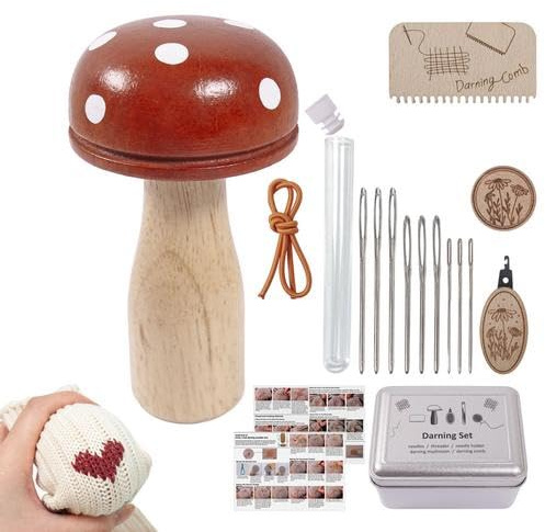 Darning Mushroom and Needles Set, Red Wooden Darning Mushroom Kit with Storage Box, Sewing Repair Tool Set for Fabric, Socks, Sweaters, Embroidery, Hats Knitting, DIY Crafts