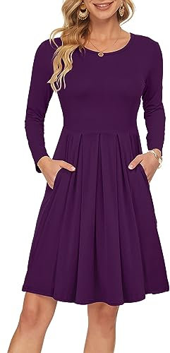 AUSELILY Robe Décontractée à Manches Longues Plissée pour Femmes avec Poches Violet M
