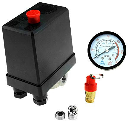Be In Your Mind 4 Ports Air Compressor Pressure Switch 1/4 BSP Air Compressor Regulator with Blanking Plugs Safety Value Pressure Gauge Kit