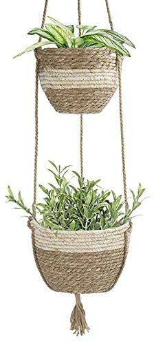 Warooma Doppelter Pflanzenaufhänger, 2 Etagen, Hängepflanzkorb, Seegras, Pflanzkorb, Hängetöpfe, Aufbewahrungs-Organizer
