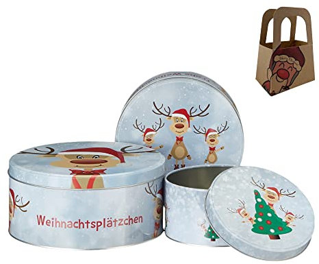 Geschenkset Keksdose Plätzchendose Metalldose 3er Set Rentier Ole Weihnachten mit süßer Rentier Mini-Geschenktasche