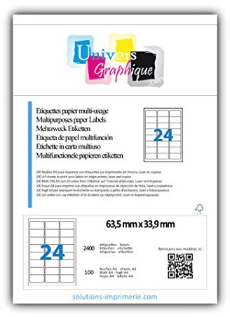 UNIVERS GRAPHIQUE 2400 étiquettes 63,5 x 33,9 mm L7159 étiquette multiusage pour imprimante SOIT 100 planches de 24 étiquettes(l7159) sachet de 100 Fabricant: univers graphique ® FACTURE AVEC TVA