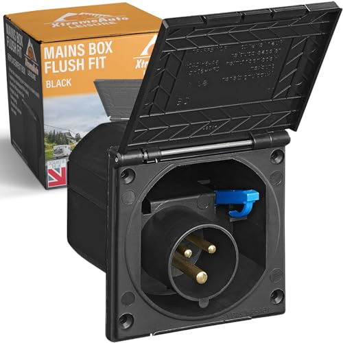 Xtremeauto 240V Mains Flush Fit Socket Box - Caravan 16 Amp Socket, Mains 16amp Campervan Inlet Hookup Cable Socket Plug, Flush To Fit Most Caravans & Campervans External 16a Sockets (Black)