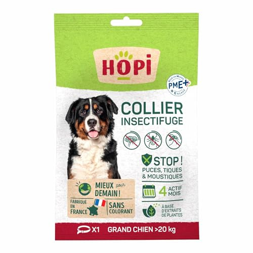 HOPI Collier Anti Puces pour Chien et Chiot de Plus de 20 kg - Taille 75 cm - Extraits de Plantes - 4 Mois de Protection Antiparasitaire Efficace - Pratique et Facile - Fabriqué en France
