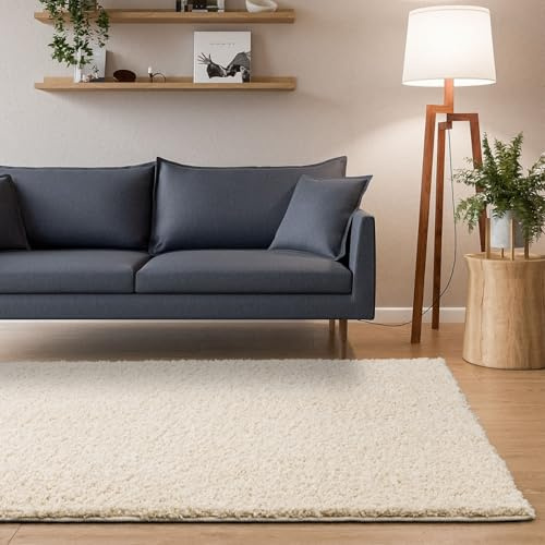 Interiyou Hochflor Teppich Sofia - 200x290 cm Creme - flauschig und einfarbig - waschbar und rutschfest - weicher Langflor