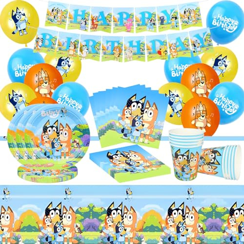 Bluey Decoración Cumpleaños, 60 Piezas Bluey Vajilla Cumpleaños, Juego de Vajilla para Decoración de Fiesta de Cumpleaños Bluey Incluir Banner, Globos, Vasos, Servilletas, Manteles, Platos de Papel