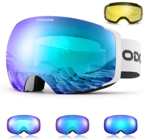Odoland Masque de Ski Photochromique Magnétique avec Lentilles Jaune Interchangeable, Lunettes de Ski Large, Sphérique pour Ski Snowboard, Compatible avec le Casque, pour Homme Femme