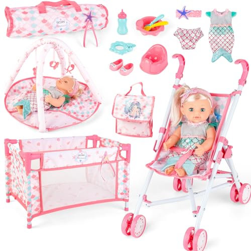 deAO Kids Deluxe 5-in-1 Baby Doll Bed Pretend Role Play Cot Set with Pushchair Doll, Bouncer, Dolls Mat, Dolls Accessories Girls Toy for Ages 3+ (Doll Included)