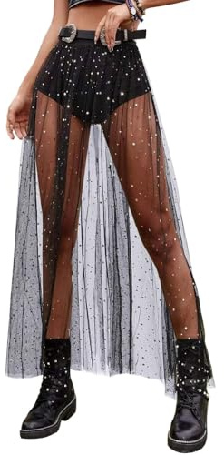 Feliciay Jupe courte transparente à deux trous en maille pour femme, jupe à étoiles brillantes à taille haute avec short, jupe en dentelle à étoiles, M, Medium