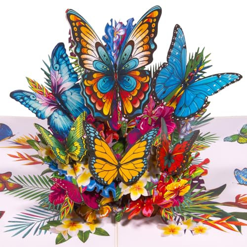 LINPOPUP® Pop-Up Karte Schmetterlinge auf Blumen - 3D Geburtstagskarte für Frau, Freundin & Mutter, Kollegin, Gute Besserung, Hochzeit - Glückwunschkarte Geburtstag, Geldgeschenk, Schmetterling, N52