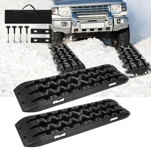 Fiqops 2 ayudas de arranque con bolsa de almacenamiento y herramienta de instalación, alfombrilla de tracción de plástico, guía de tabla de recuperación, escalera de neumáticos para arena/barro/nieve,