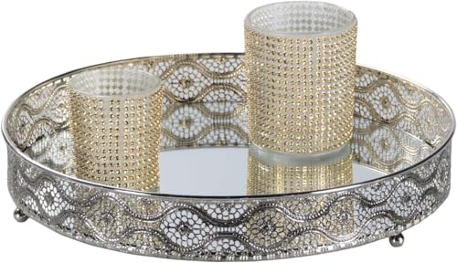 Dekorativ bricka, spegelbricka, bricka, dekorativ bricka make-up arrangör, ljusbricka, smyckesspegel, kosmetisk spegel – metall/spegel – presentidé (Ø 26 cm simsilver)
