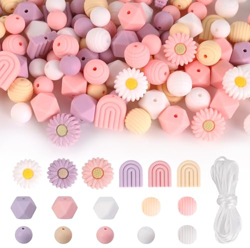 Lote de 112 cuentas redondas de silicona en forma de flor, cuentas redondas sueltas con cordón de nailon, para manualidades, joyas, llaveros, pulseras