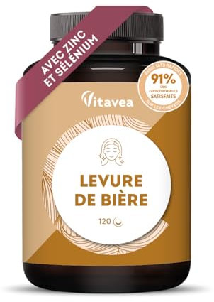 Levure de Bière 1100 mg – Efficacité Prouvée Sur les Cheveux – Pousse Cheveux, Ongles, Peau - Avec Zinc, Sélénium, Vitamines B – 120 gélules - 2 Mois – Vegan - Fabriqué en France - Vitavea