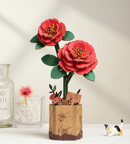ROBOTIME 3D Wooden Flowers Puzzle Red Camellia, Artificial Bloom Jigsaw, Model Kits for Adults to Build, DIY Craft Set, for Valentine's Day, Mother's Day and Christmas