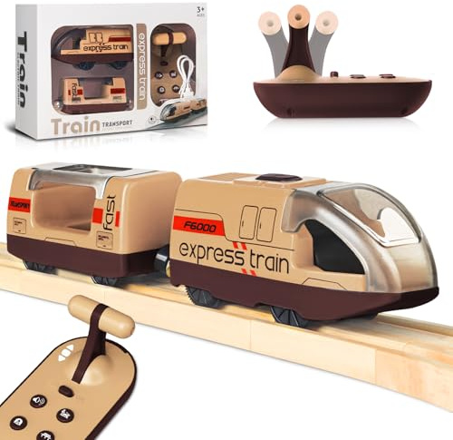 Beginreally Train électrique Télécommandé pour Rails en Bois, Train motorisé avec 4 Effets Sonores et Lumineux pour Les Enfants de 3 4 5+ Ans, Compatible avec Thomas,Brio,Chuggington (Brun)