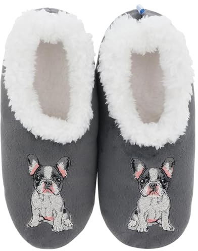 Snoozies! Pairables Women's French Bulldog Slippers, Sherpa Fleece Lined, Non-Slip Soles, Machine Washable, Grey Frenchie