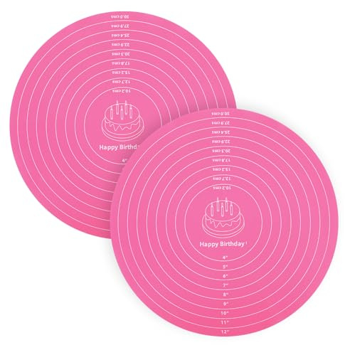 Thinp 2 Pcs Silicone Baking Mat, 12 Inch Round Silicone Cake Mat Small Pastry Mats with Measurements Non Slip Dough Mats Heat Resistant Cookie Pad for Cake Turntable & Rolling Dough (Pink)