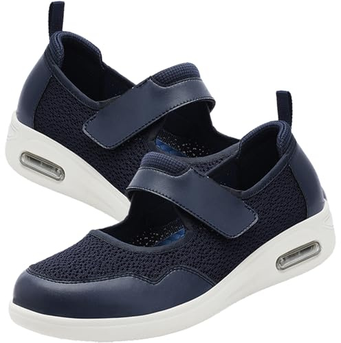 AZMAHT Scarpe Donna Ortopediche Eleganti Comode Anziana Estive Anziani per diabetici Extra Largo Regolabile Passeggio gonfiore dei Piedi Ampie Larghezza Hook And Loop sanitarie,Blu,38 EU