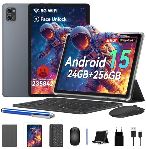 BESTTAB T20 Tablet 10 Zoll mit Tastatur Maus, Android 15, 24GB RAM + 256GB ROM (TF 2TB), 2 in 1 Arbeits-Tablet PC Set mit Hülle & Stift, Octa-Core, 5G WiFi, Widevine L1, GMS Zertifiziert, Grau
