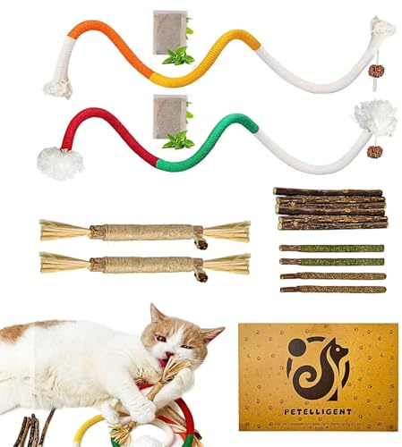Catnip Chew Toys for Cats, 12 Pack Cat Toys with Silvervine Sticks, Natural Silvervine Stick Cage Balls & Bell Balls for Indoor Cats