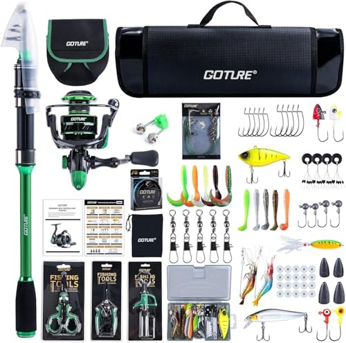 Goture Angelset mit Teleskop-Angelruten (24T Carbon),1,8m/2,1m/2,4m/2,7m I Angelrute Set Komplett 5.2:1 Spinnrolle, 150m/14kg Schnur, Köderbox & Tragetasche – für Salz-/Süßwasser, Reisen–Angelgeschenk
