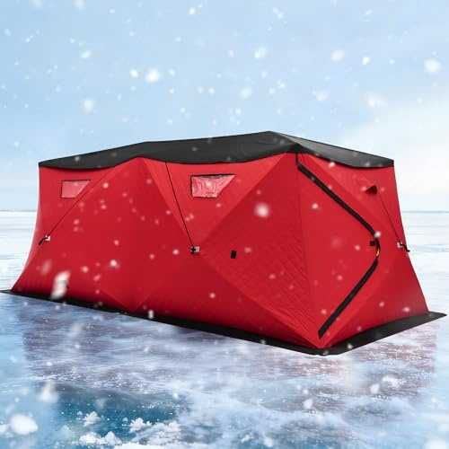 Albott Insulated Pop-Up Ice Fishing Tent, Extra Large Ice Shanty for 8–10 Person, Insulated Warm Shelter with 3-Layer Oxford Fabric, Waterproof Rain Cover, Chimney Vent, Anchors, Ropes & Carry Bag