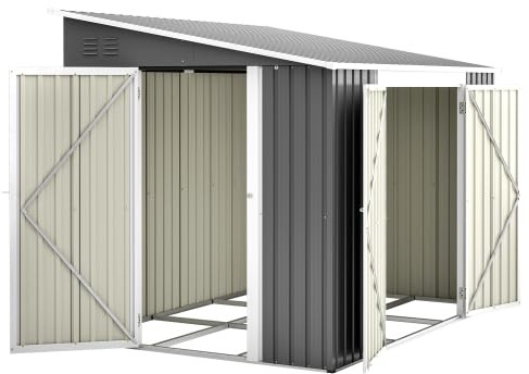 Trädgårdshus, utrustningshus, metall, cykelgarage – 6 x 8 fot med stort utrymme, metallskjul med dubbeldörr och sidodörr, väderbeständig, för cykel, trädgårdsredskap och soptunna, med golvsats