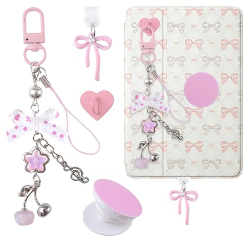 MOROBOR Charm-set för Kindle, set inkluderar söt rosa rund grepphållare och rosett nyckelring med krok dammplugg berlock typ C kompatibel med Kindle E-läsare telefon