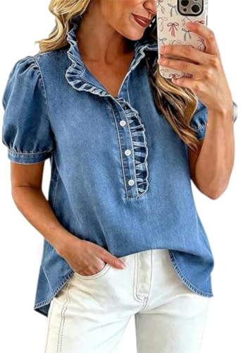 Jeansskjorta för kvinnor - kortärmad och volangprydd denimtopp, Y2K-stil, Medium blå, M