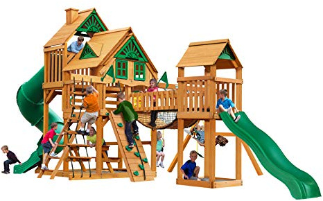 Gorilla Playsets 01-1037-AP Treasure Trove Treehouse Wood Swing Set with Tube Slide, Built-in Sandbox Area, and Clatter Bridge, Amber