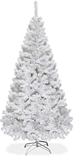 DREAMADE Sapin de Noël Artificiel 150CM/180CM/210CM/240CM, Pieds en Fer et Feuilles en PVC, 350/650/950/1138 Branches Décoration pour Maison Noël Blanc (150cm)
