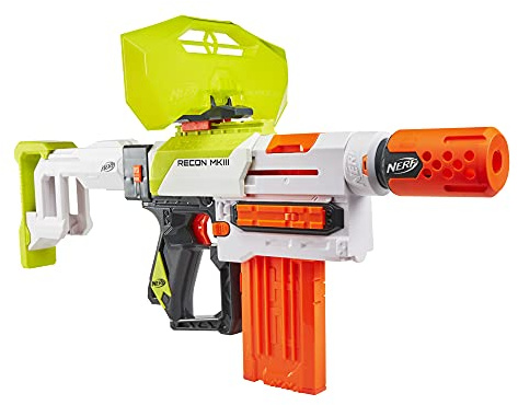 NERF Modulus Recon MKIII Blaster, extensión de Barril y Stock extraíble, Escudo de Dardos, Clip de 12 Dardos, 12 Dardos Elite, Juegos al Aire Libre y Juguetes para niños y niñas (Exclusivo de Amazon)