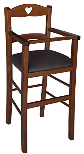 Chaise haute en bois noyer foncé avec assise rembourrée en simili cuir marron