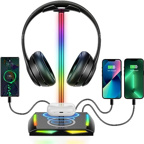 New Bee Soporte Auriculares con Cargador inalámbrica, RGB Soporte Cascos con Cargador 1* USB 2*Tipo C, Universal Soporte con Wireless Charge, para Juego Negro